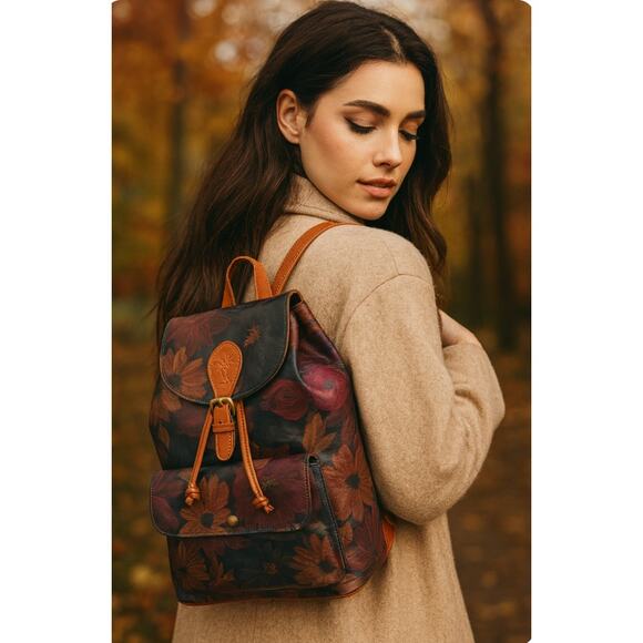 Patricia Nash Leather Drawstring Bucket Floral Backpack Purse Soft Lined Pockets - Picture 1 of 16